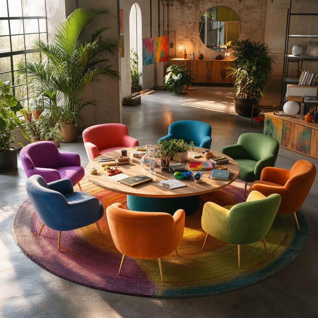 Sala amb cadires de colors i una taula rodona preparada per a una sessió de formació