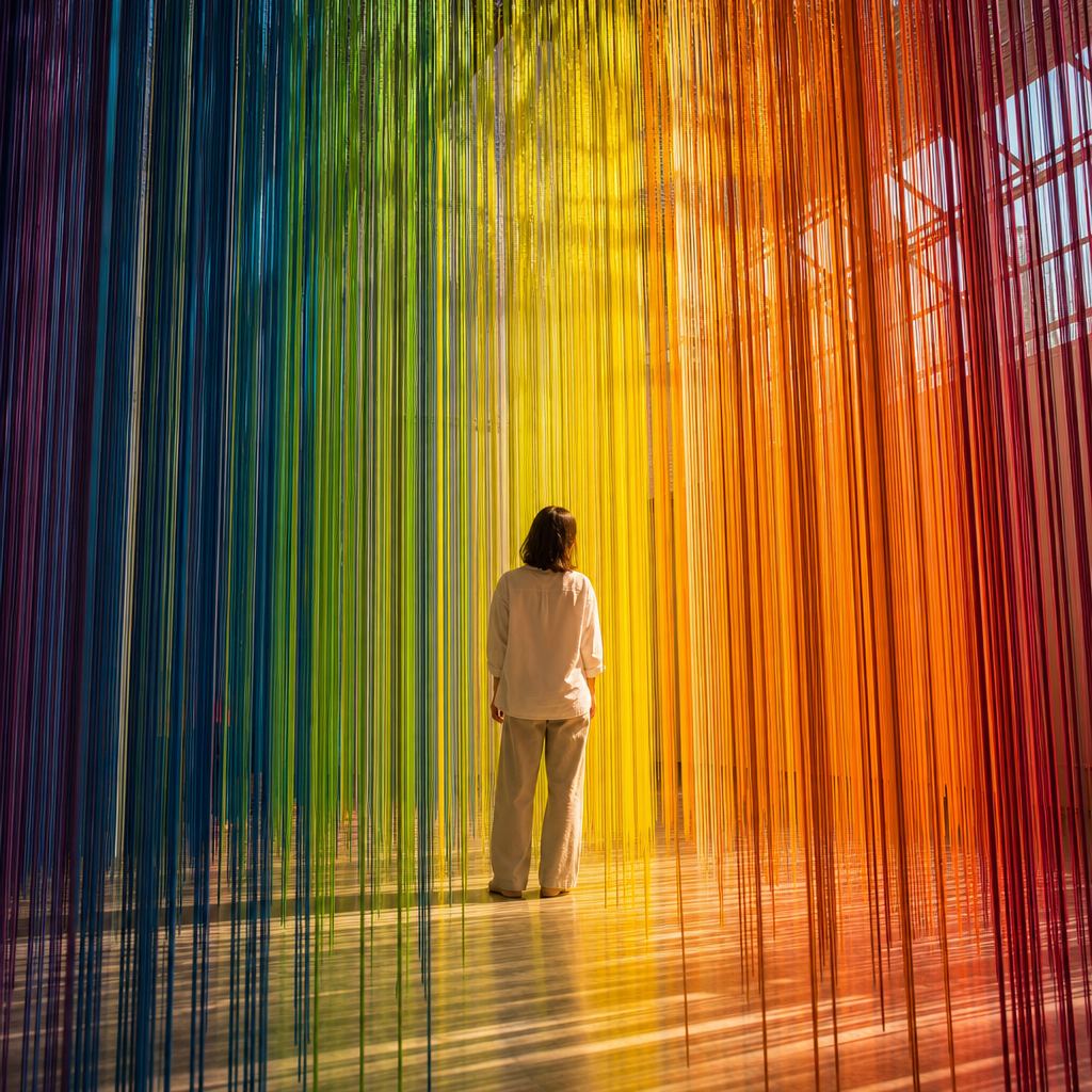 Instal·lació de fils de colors que una visitant recorre a l'interior d'una nau