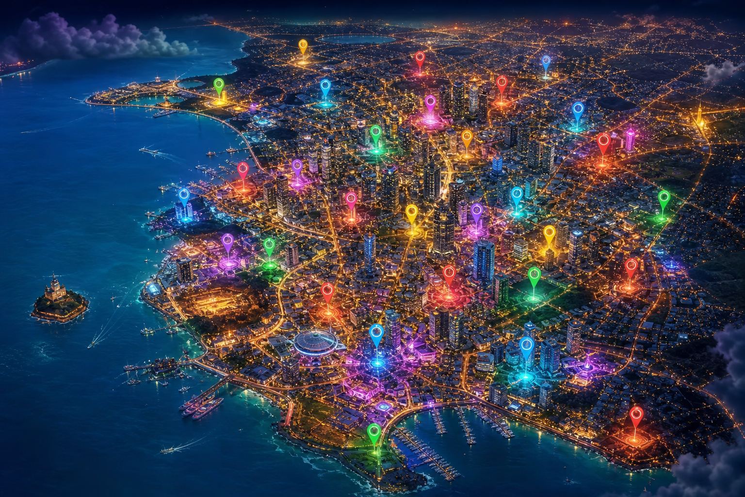 Vista aèria nocturna d'una ciutat costanera amb punts de llum de colors