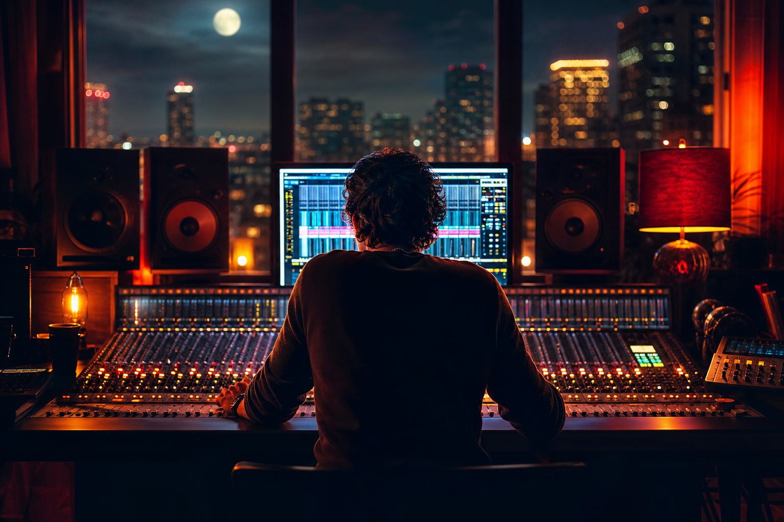 Persona davant una gran taula de mescles amb la ciutat de nit rere el finestral