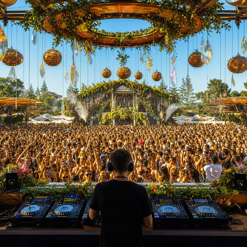 Cabina ante una gran multitud en un escenario decorado con vegetación