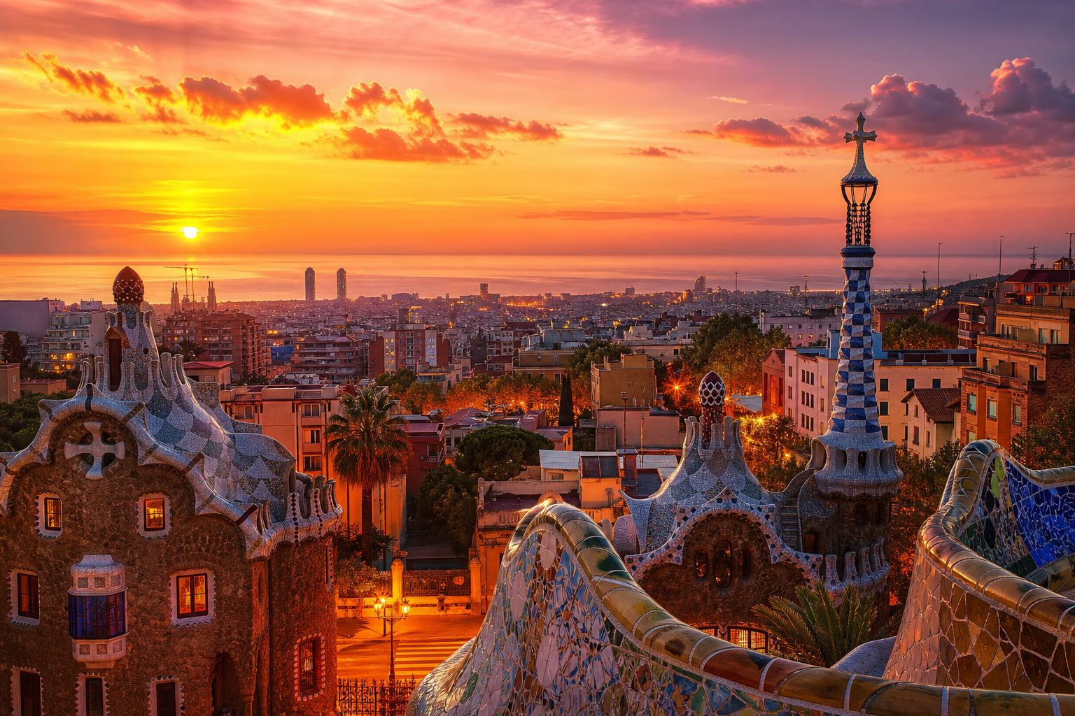 Vista de la ciutat al capvespre des d'un mirador amb arquitectura modernista