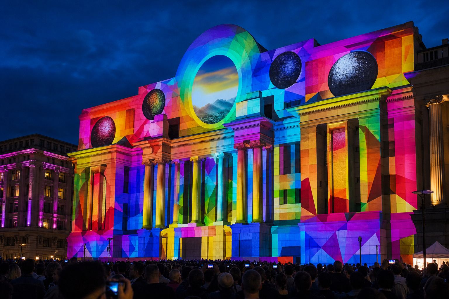 Videomapping de colores proyectado sobre una fachada clásica