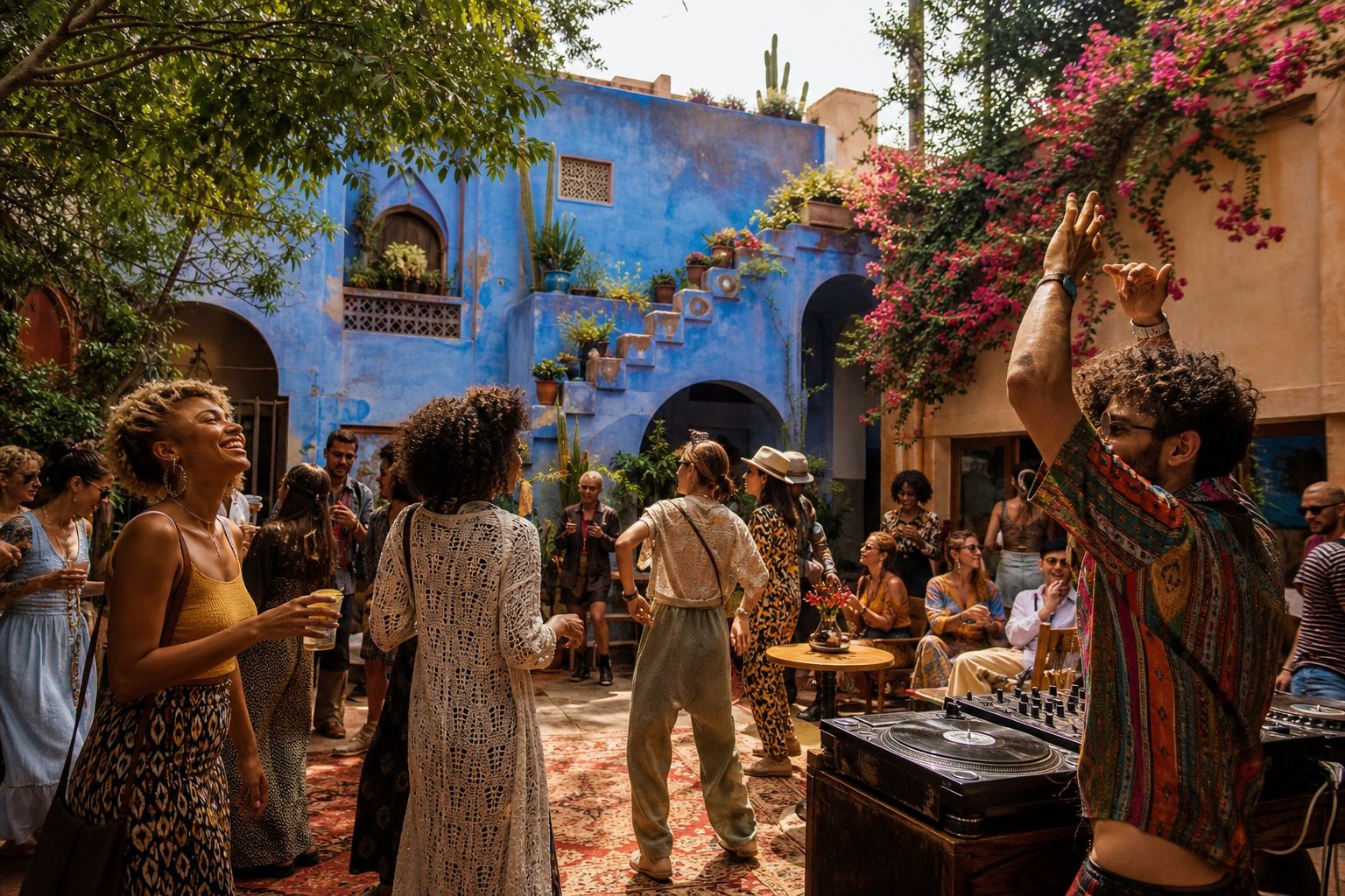 Reunió a l'aire lliure en un pati amb plantes i taules parades